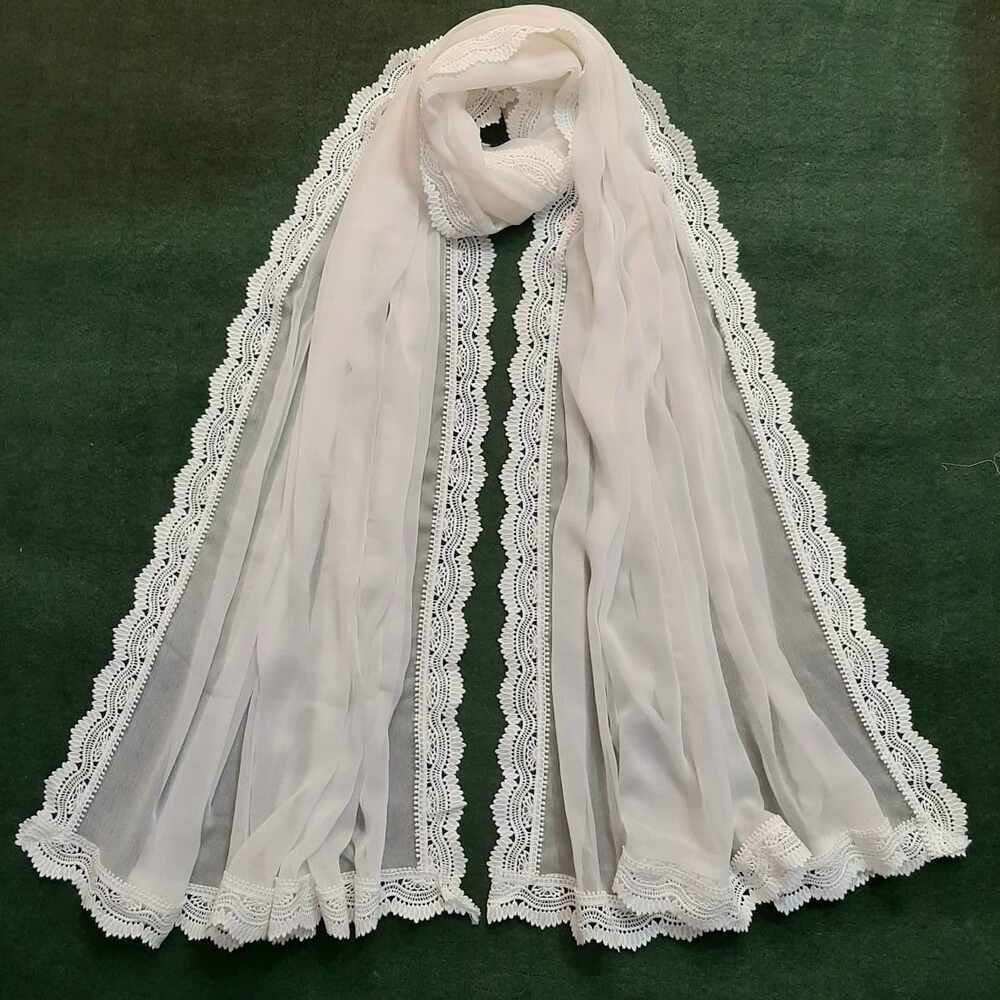 Chiffon Dupatta With 4 Sided Lace – White