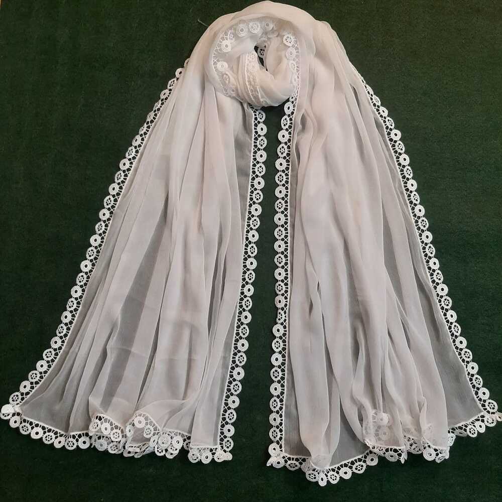 Chiffon Dupatta With 4 Sided Lace – White