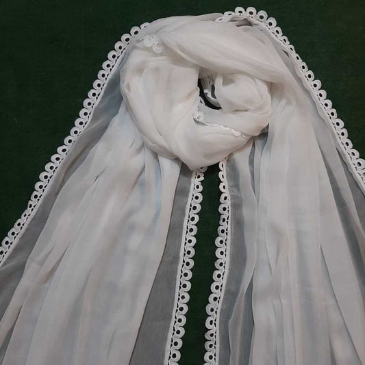 Chiffon Dupatta With 4 Sided Lace - White