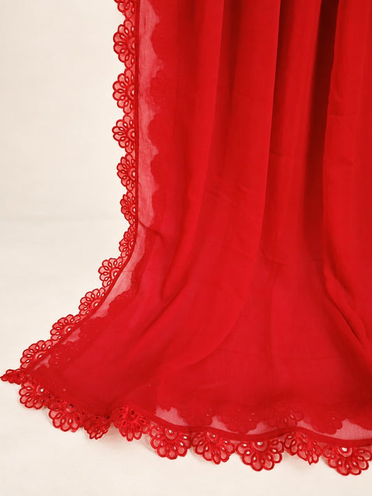 Chiffon dupatta With 4 Sided Lace - Red - ZD808