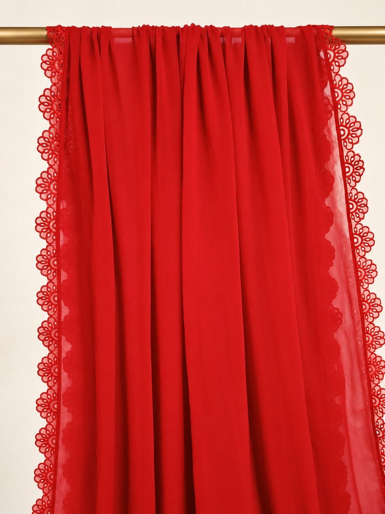 Chiffon dupatta With 4 Sided Lace - Red - ZD808