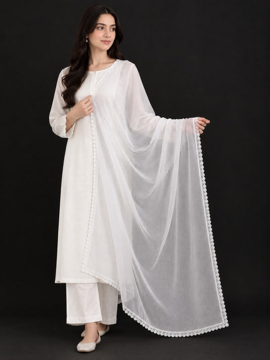 Chiffon dupatta With 4 Sided Lace - White - ZD612
