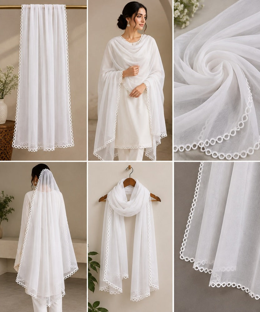 Qureshia Work Chiffon Dupatta – White - ZD650