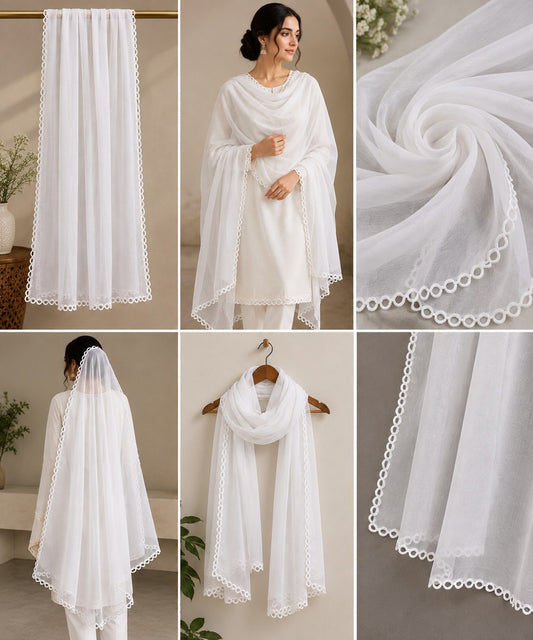 Qureshia Work Chiffon Dupatta – White - ZD650