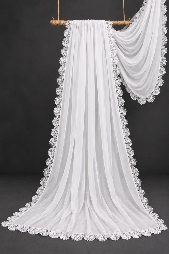 Chiffon Dupatta With 4 Sided Lace – White - ZD741