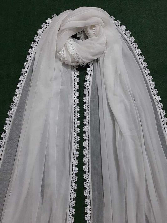 Chiffon dupatta With 4 Sided Lace - White - ZD807
