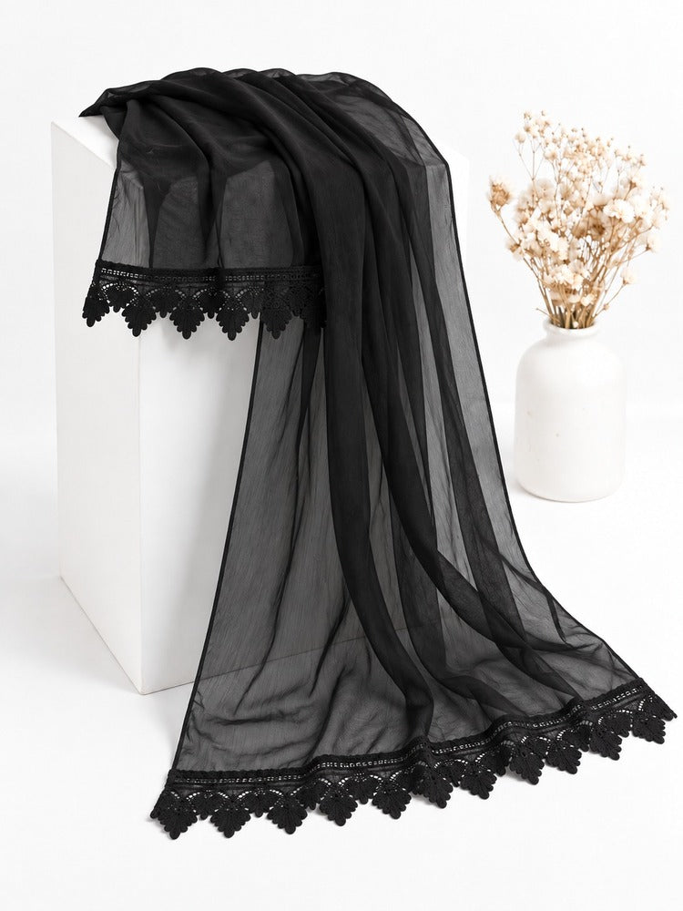 Chiffon Dupatta With Bottom Lace - Black - ZD1107