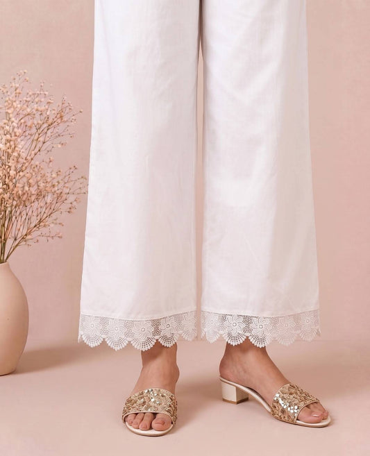 Cotton Palazzo With Bottom Lace - White - ZT400