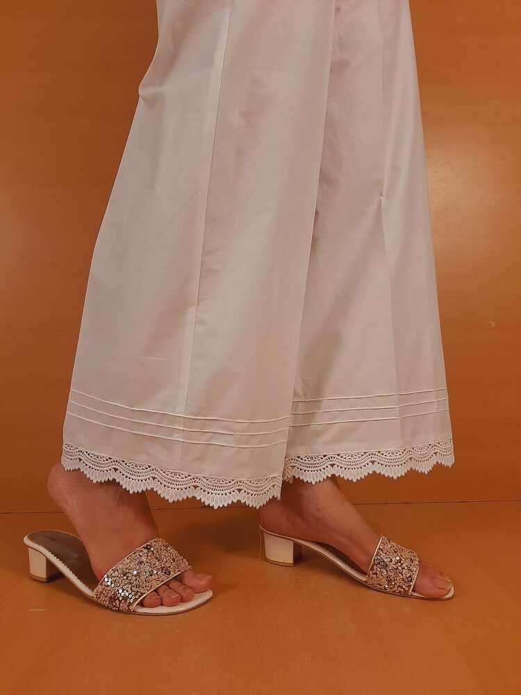 Cotton Palazzo With Bottom Lace - White - ZT308