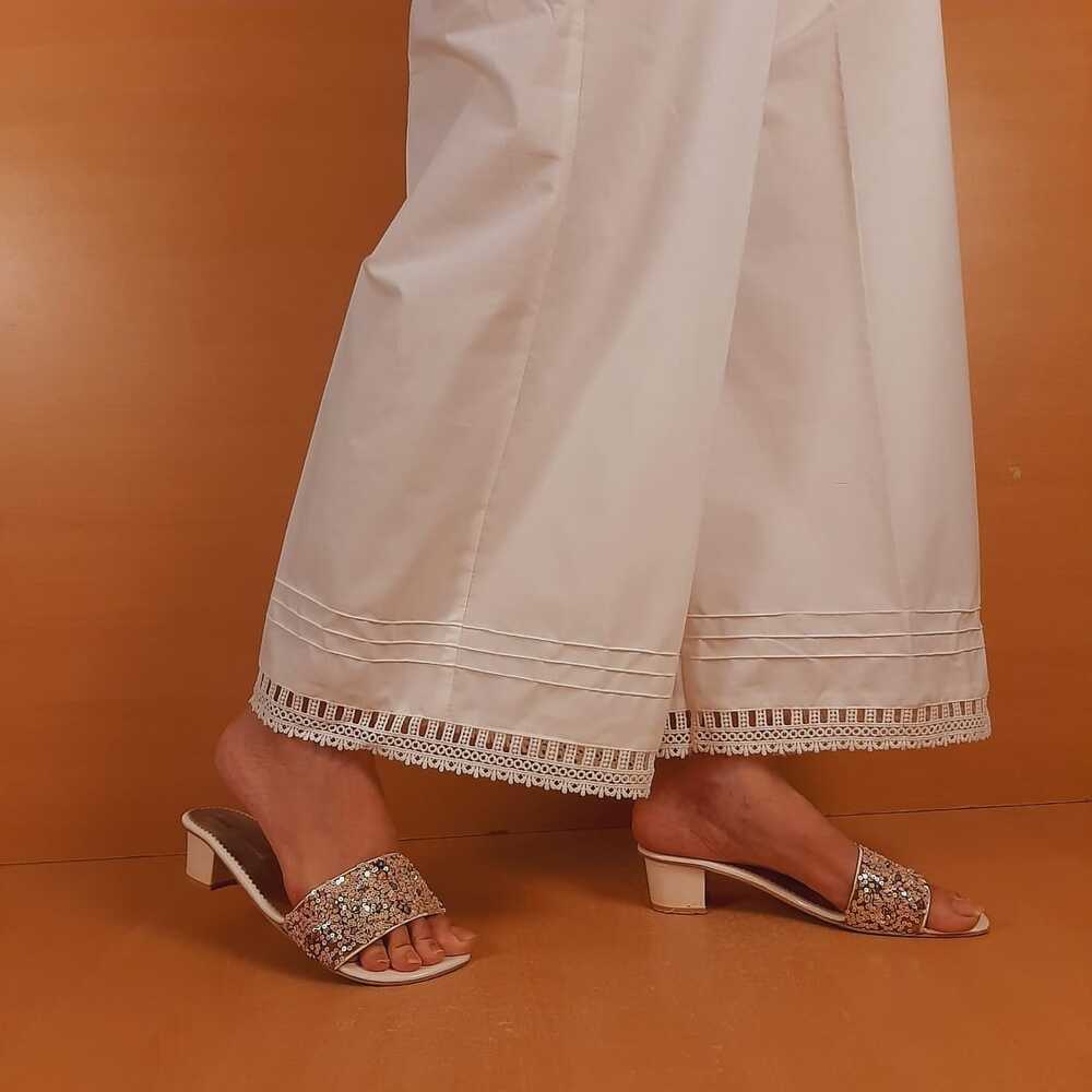 Cotton Palazzo With Bottom Lace - White - ZT311