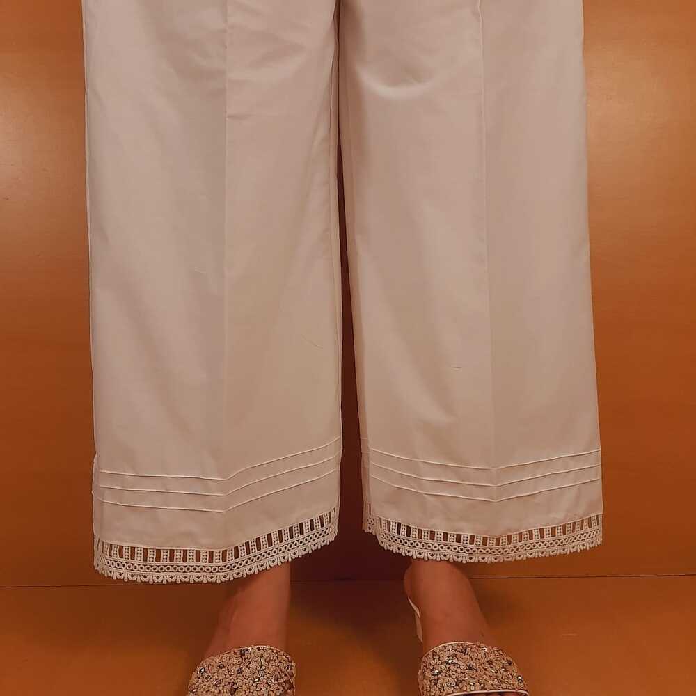 Cotton Palazzo With Bottom Lace - White - ZT311