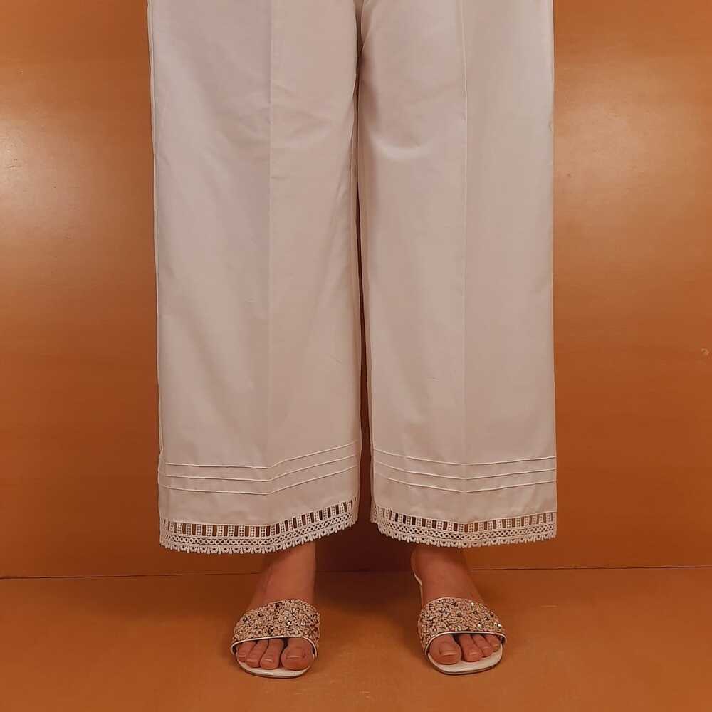 Cotton Palazzo With Bottom Lace - White - ZT311