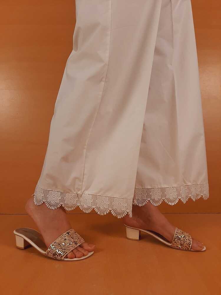 Cotton Palazzo With Bottom Lace - White - ZT400
