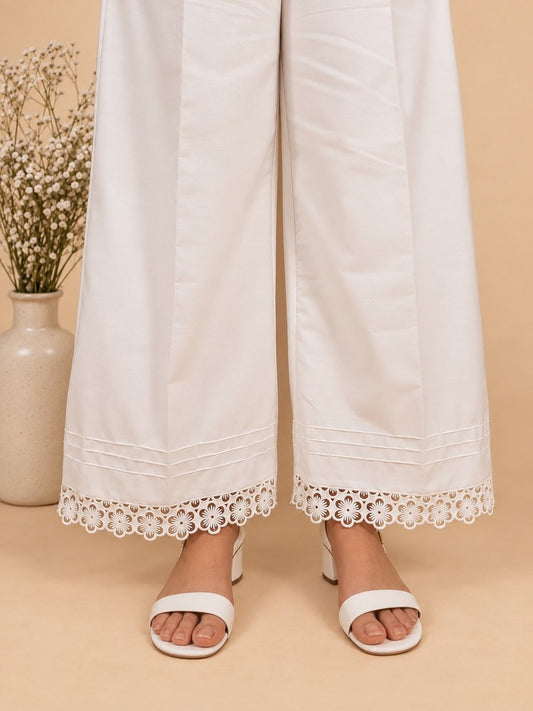 Cotton Palazzo With Bottom Lace - White - ZT407