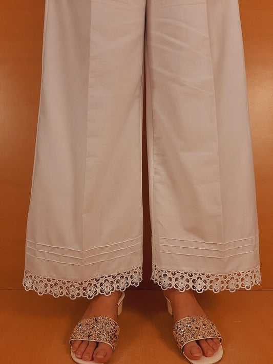 Cotton Palazzo With Bottom Lace - White - ZT407