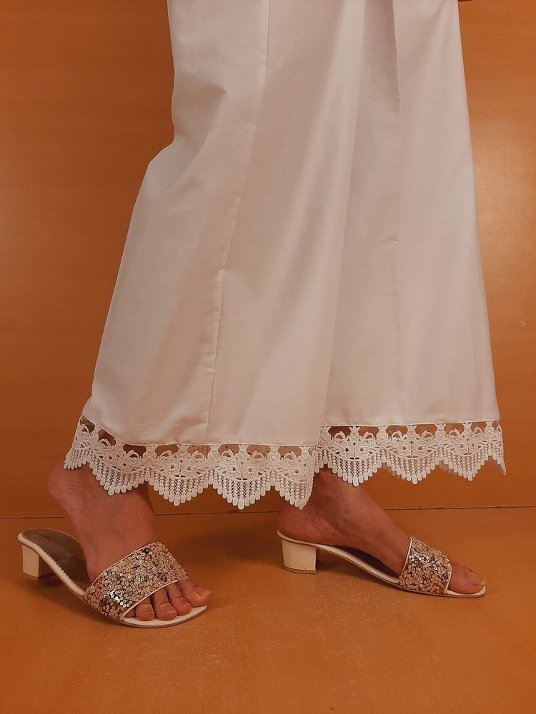 Cotton Palazzo With Bottom Lace - White - ZT408