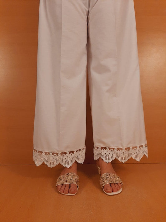 Cotton Palazzo With Bottom Lace - White - ZT408