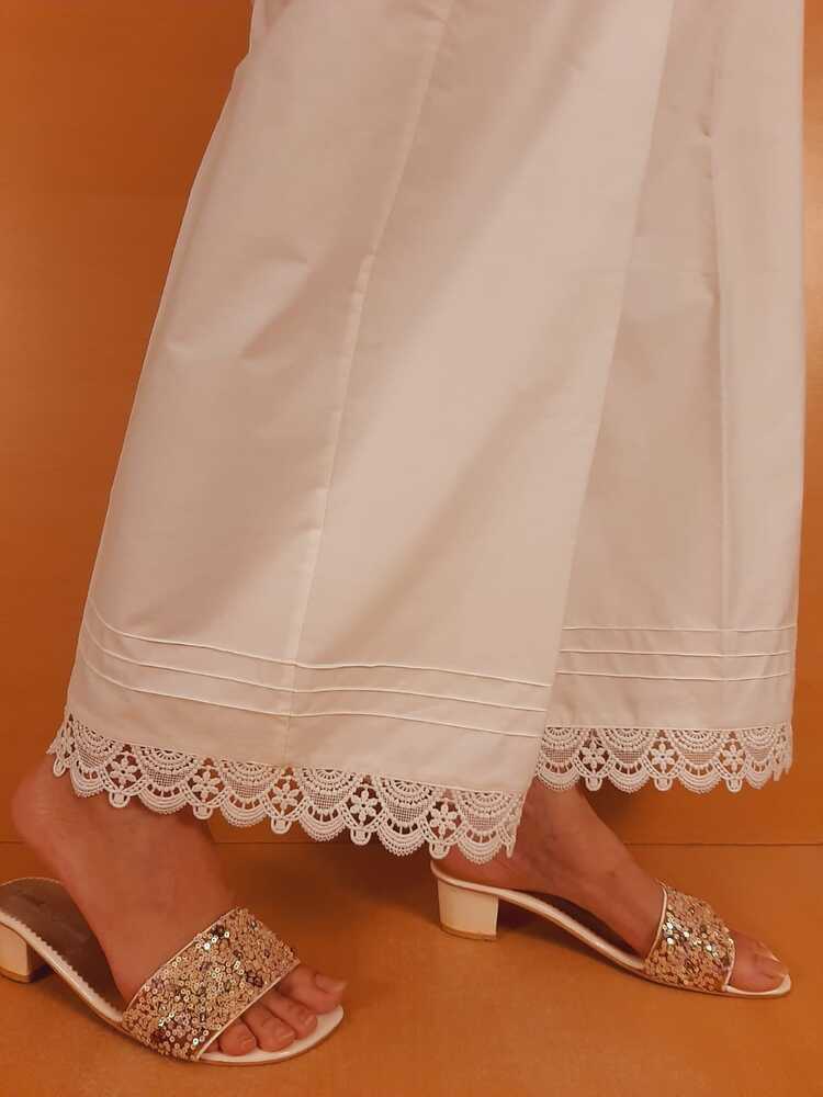 Cotton Palazzo With Bottom Lace - White - ZT409