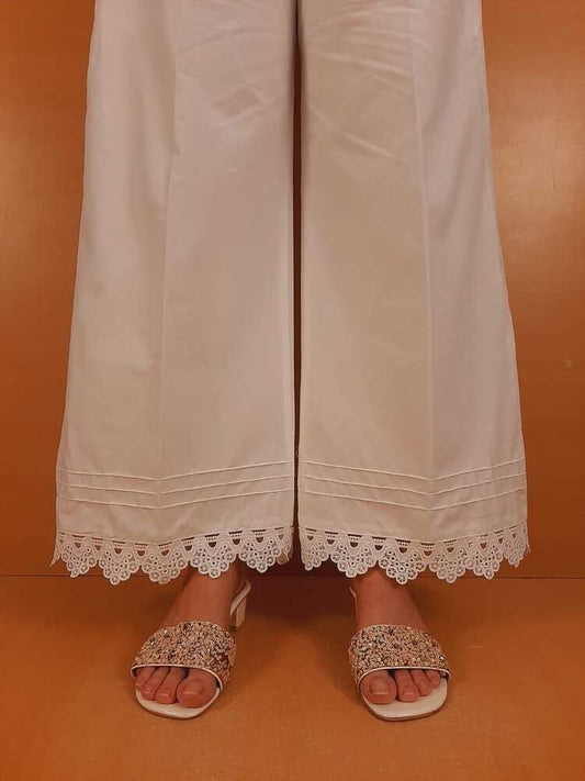 Cotton Palazzo With Bottom Lace - White - ZT470