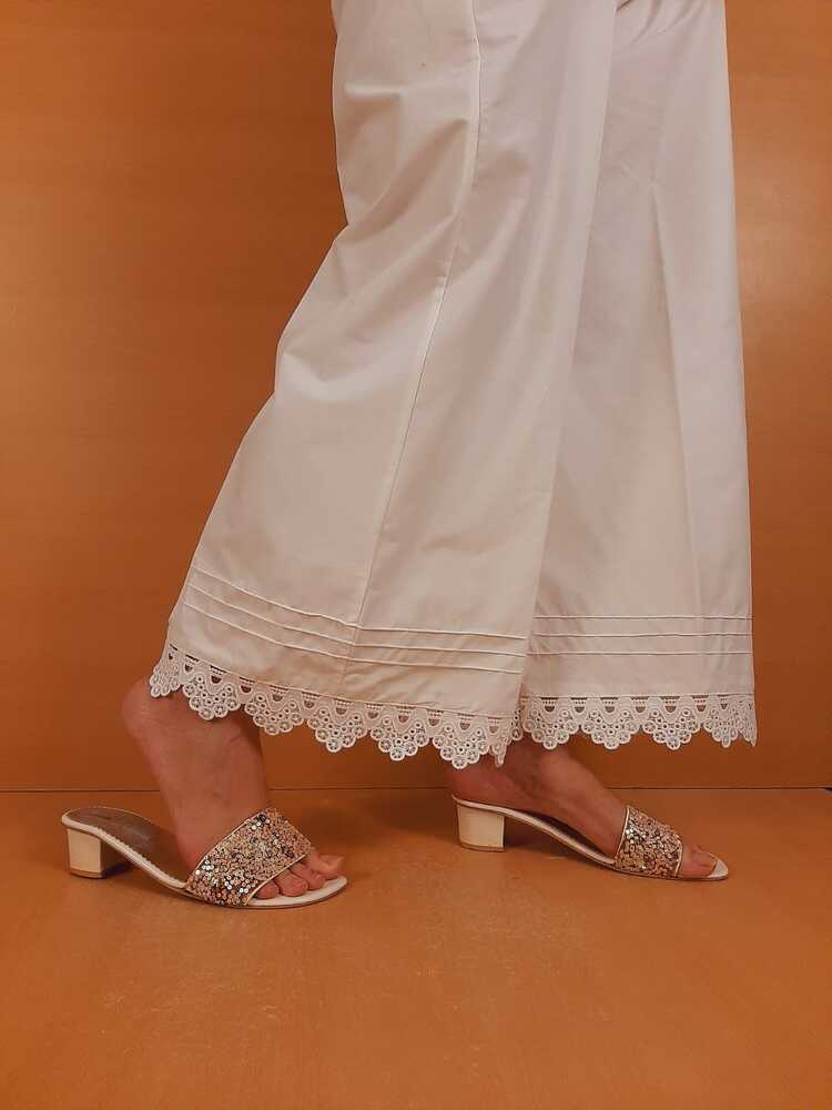 Cotton Palazzo With Bottom Lace - White - ZT470