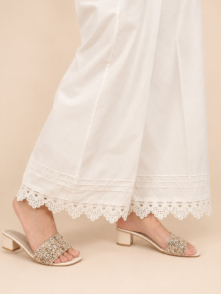 Cotton Palazzo With Bottom Lace - White - ZT470