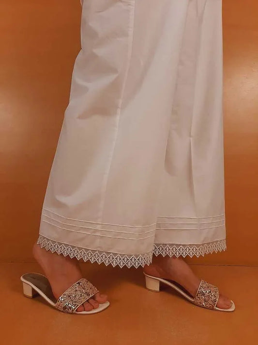 Cotton Palazzo With Bottom Lace - White - ZT301