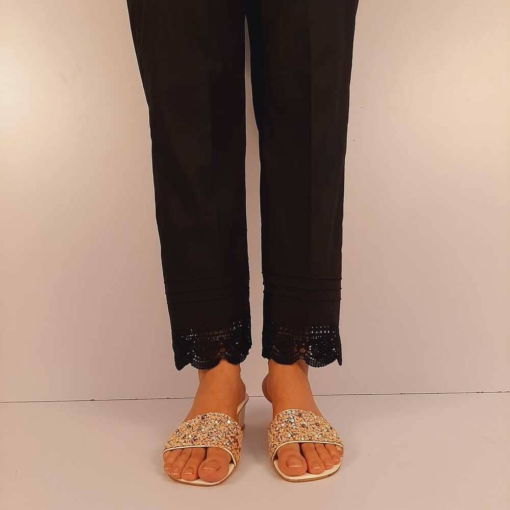 Cotton Trouser With Bottom Lace - Black - ZT207