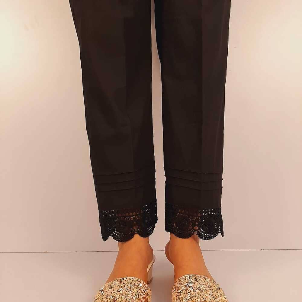 Cotton Trouser With Bottom Lace - Black - ZT207