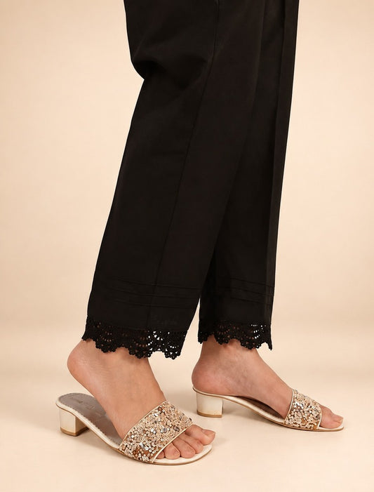 Cotton Trouser With Bottom Lace - Black - ZT405