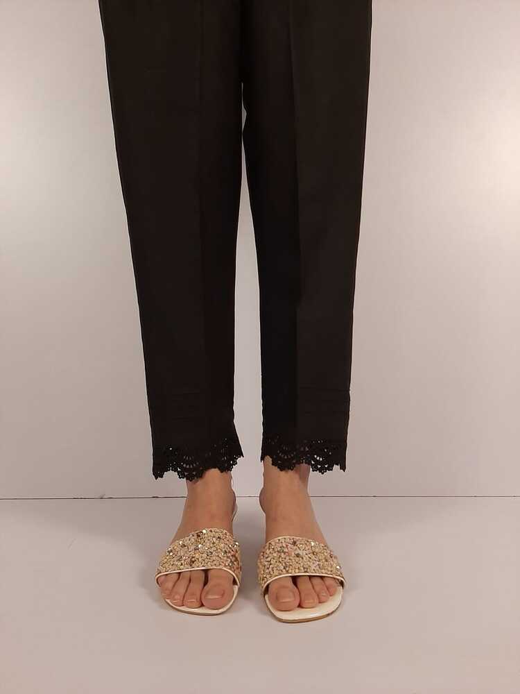 Cotton Trouser With Bottom Lace - Black - ZT405