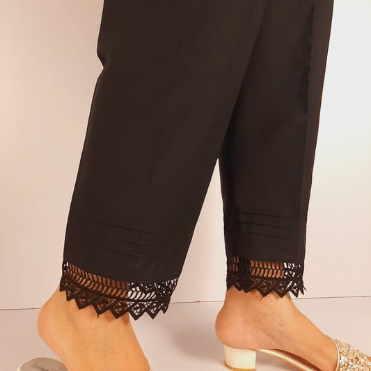 Cotton Trouser With Bottom Lace - Black - ZT544