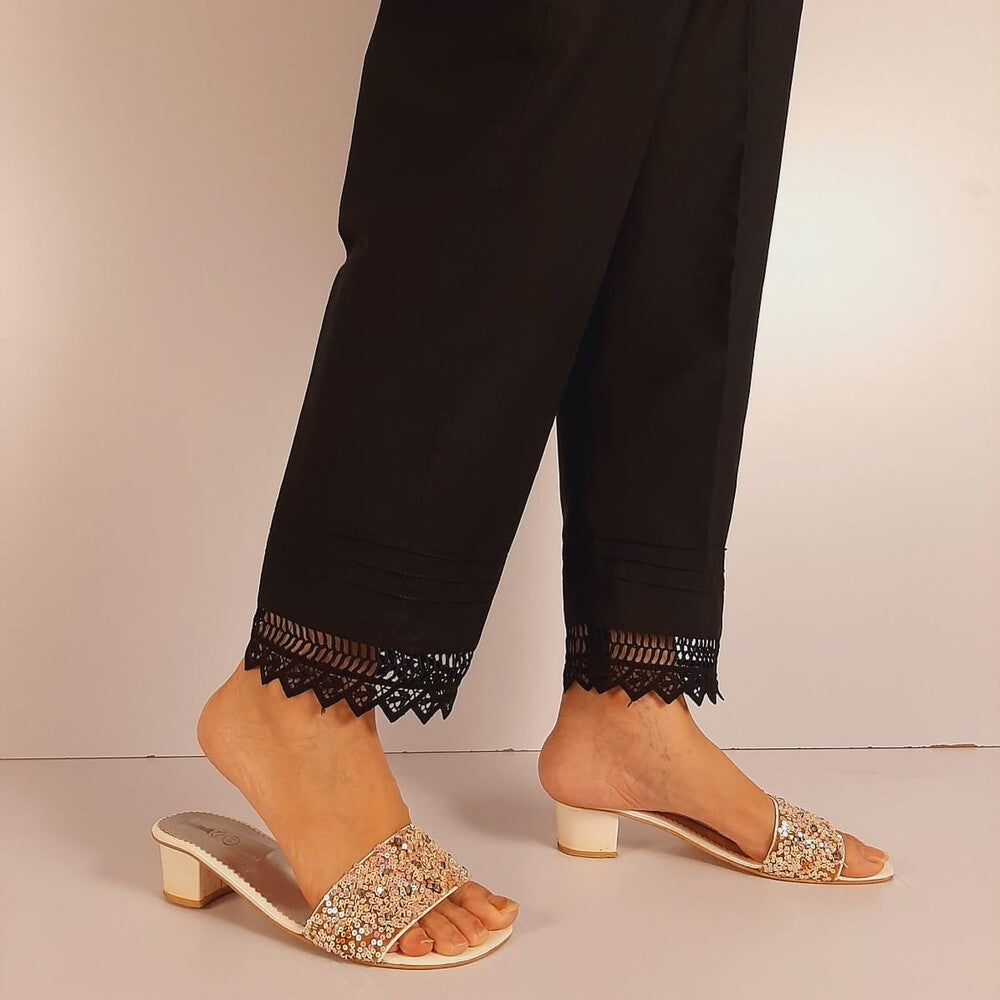 Cotton Trouser With Bottom Lace - Black - ZT544
