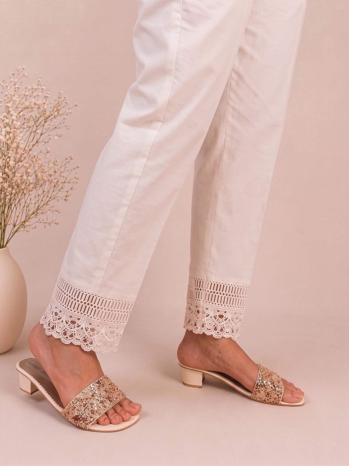 Cotton Trouser With Bottom Lace - White - ZT473