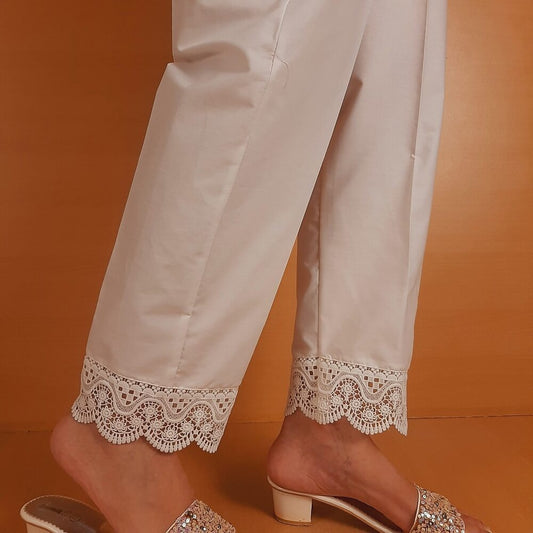 Cotton Trouser With Bottom Lace - White - ZT225
