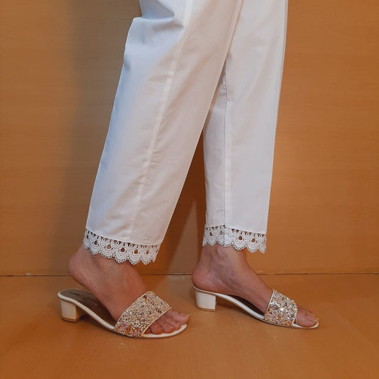 Cotton Trouser With Bottom Lace - White - ZT225