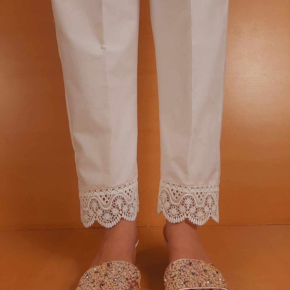 Cotton Trouser With Bottom Lace - White - ZT225