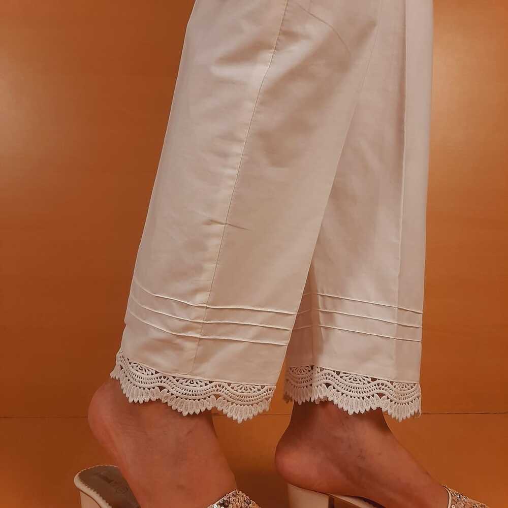 Cotton Trouser With Bottom Lace - White - ZT319