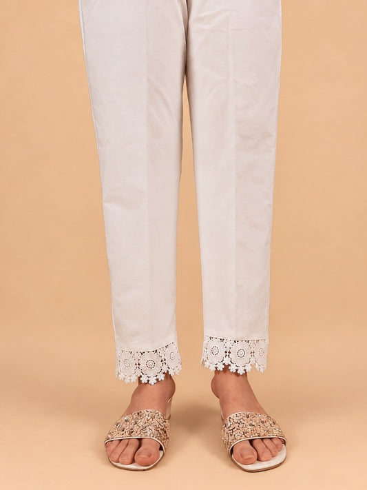 Cotton Trouser With Bottom Lace - White - ZT404