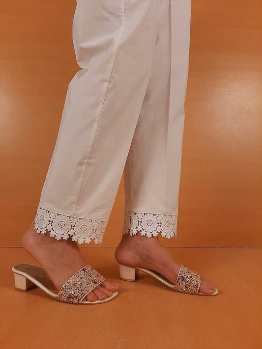 Cotton Trouser With Bottom Lace - White - ZT404