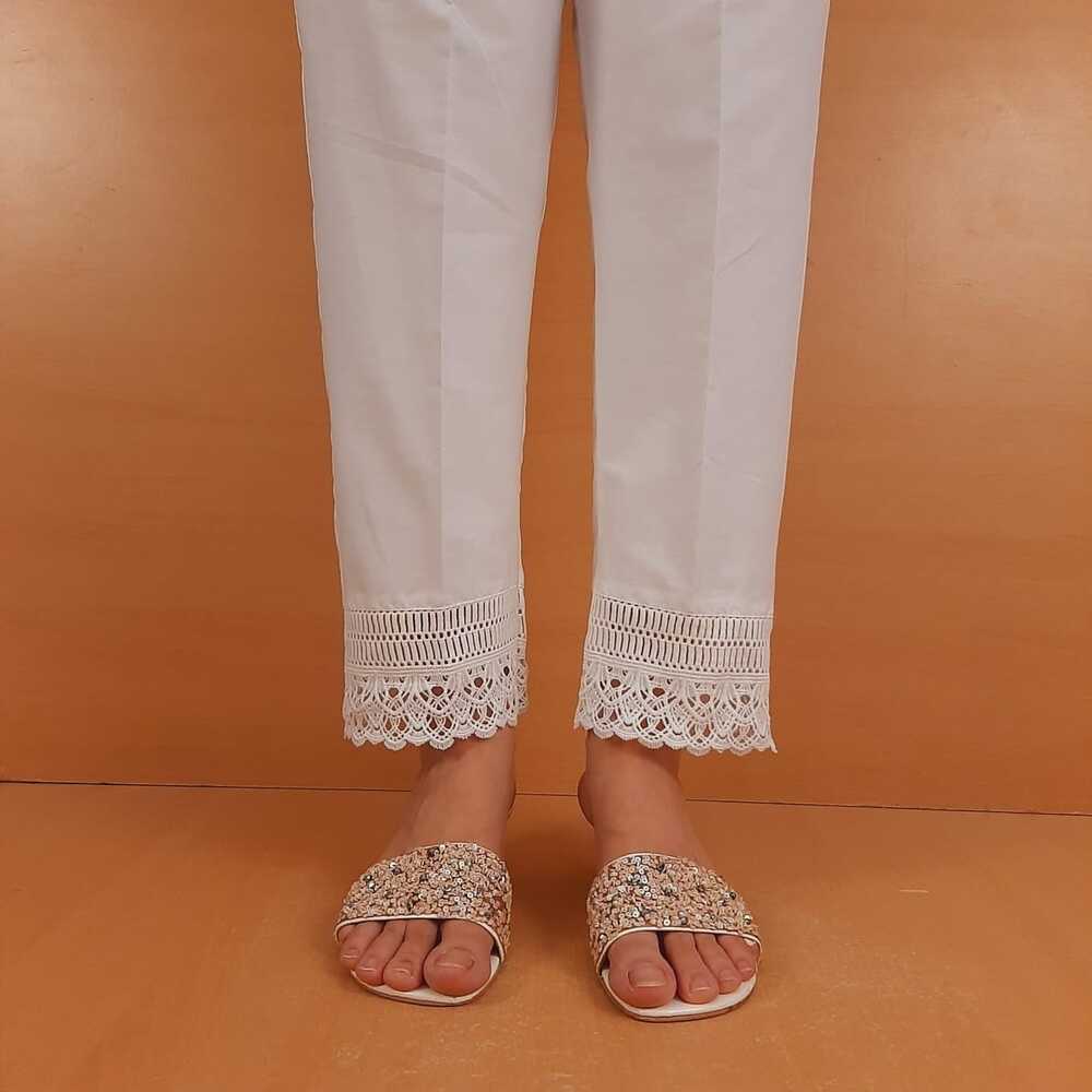 Cotton Trouser With Bottom Lace - White - ZT473