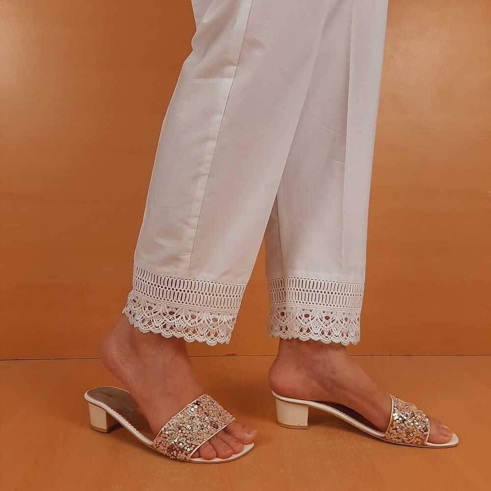 Cotton Trouser With Bottom Lace - White - ZT473