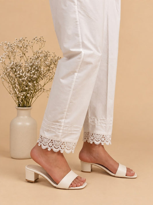 Cotton Trouser With Bottom Lace - White - ZT508