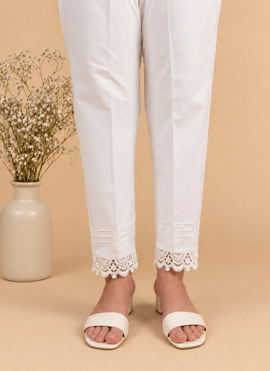 Cotton Trouser With Bottom Lace - White - ZT508