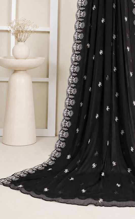 Cutwork Embroided Chiffon Dupatta – Black / White - ZD30