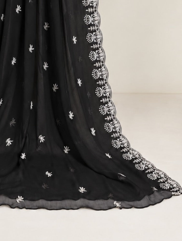 Cutwork Embroided Chiffon Dupatta – Black / White - ZD30