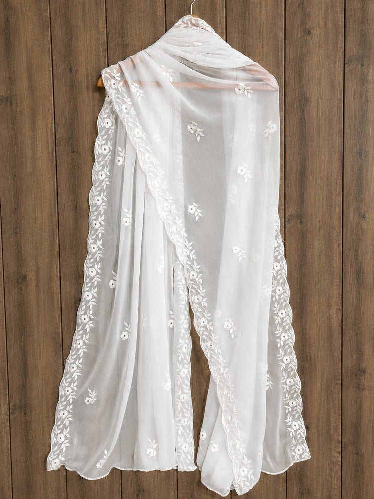 Cutwork Embroided Chiffon Dupatta - Dyeable - White - ZD904