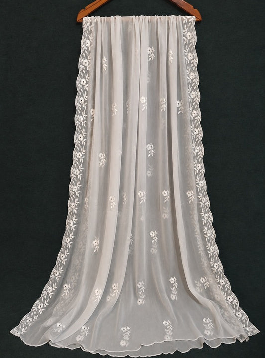 Cutwork Embroided Chiffon Dupatta - Dyeable - White - ZD904