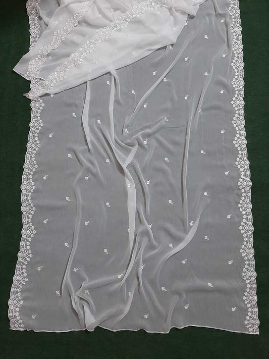 Cutwork Embroided Chiffon Dupatta - Dyeable - White