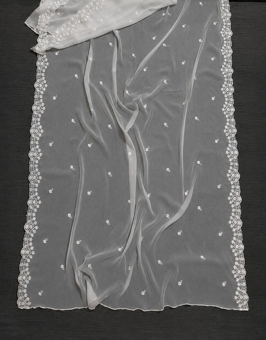 Cutwork Embroided Chiffon Dupatta - Dyeable - White