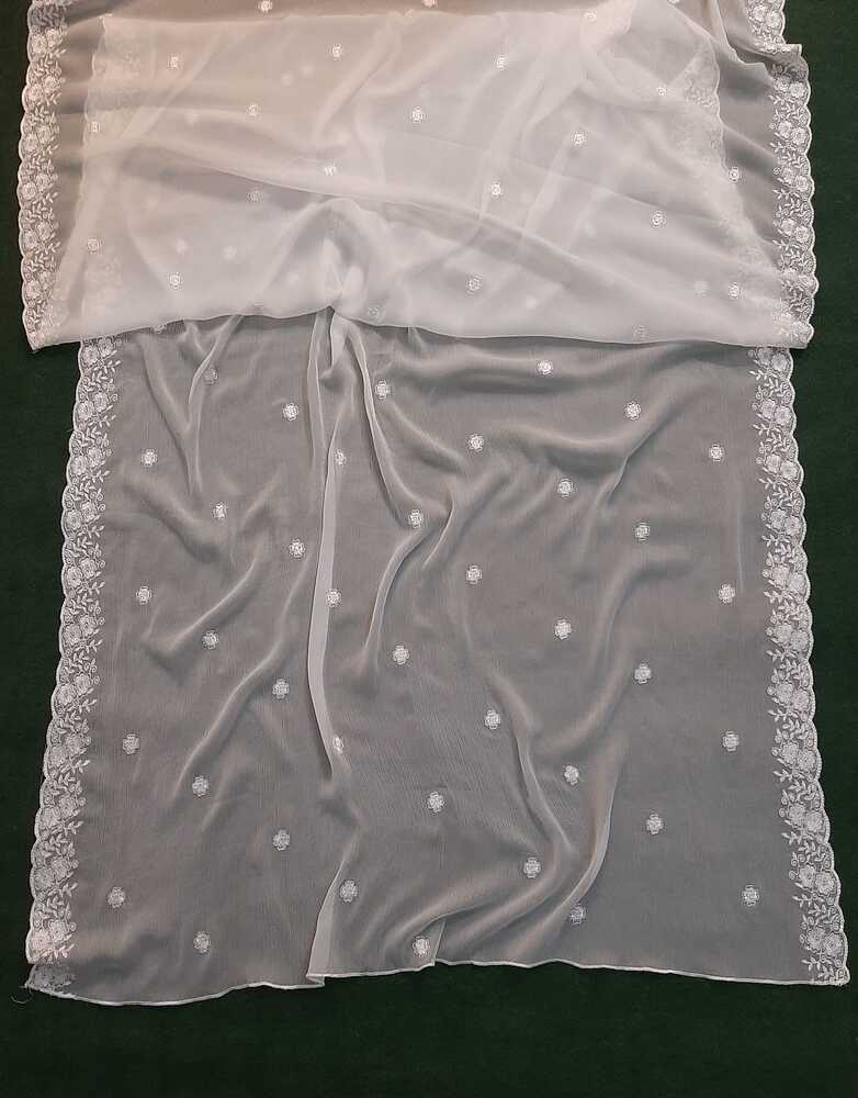 Cutwork Embroided Chiffon Dupatta - Dyeable - White